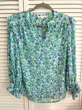 cooper & ella Blue & Green Floral Tie-Sleeve Blouse